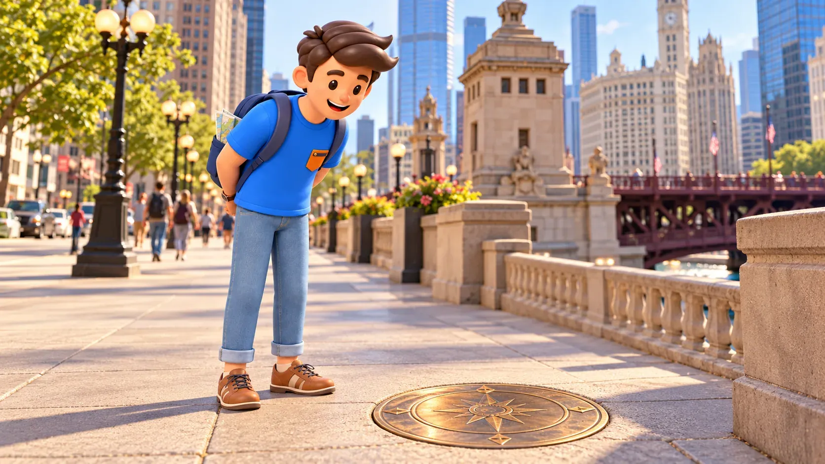 Traveller observing an illustrative historic marker on a city pavement.