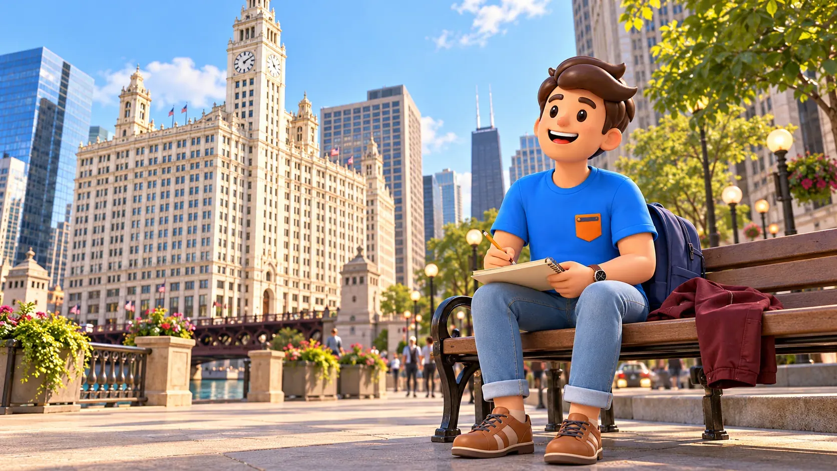 Traveller with a notebook looking at the Wrigley Building clocktower.