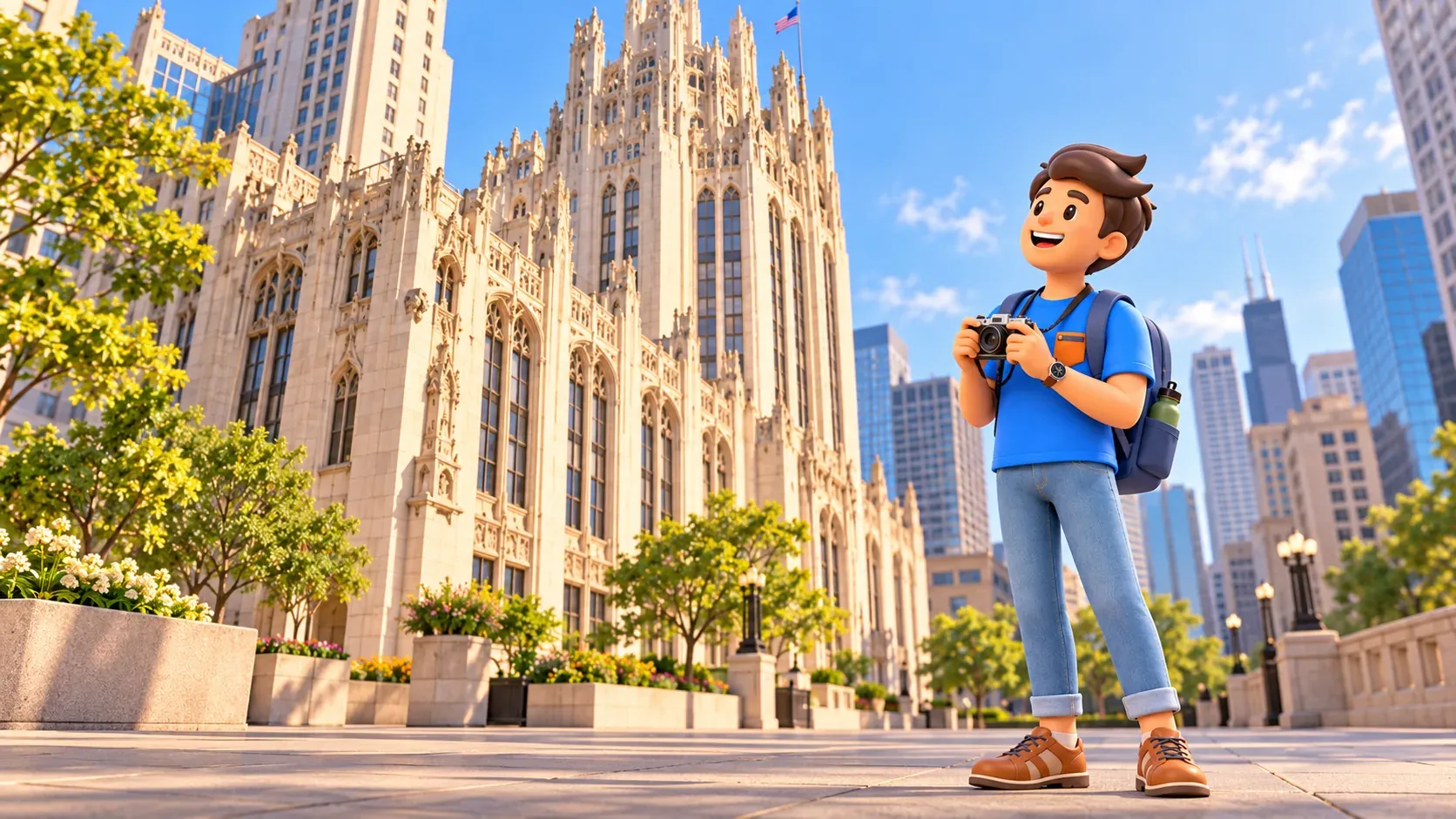 Traveller with a camera observing the Gothic facade of Tribune Tower.