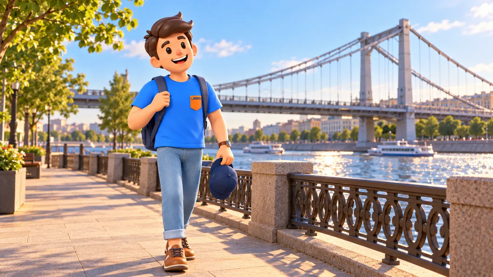 Ein Reisender spaziert am Ufer mit Blick auf eine Hängebrücke, 3D-Illustration