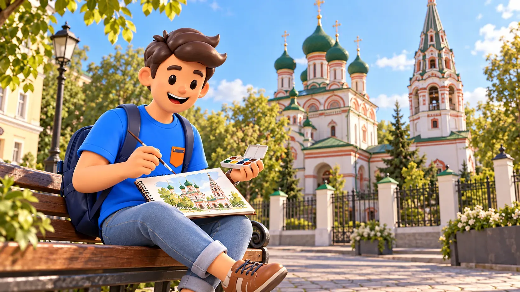 A traveler paints a church inspired by St Nicholas in Khamovniki in watercolor, 3D illustration