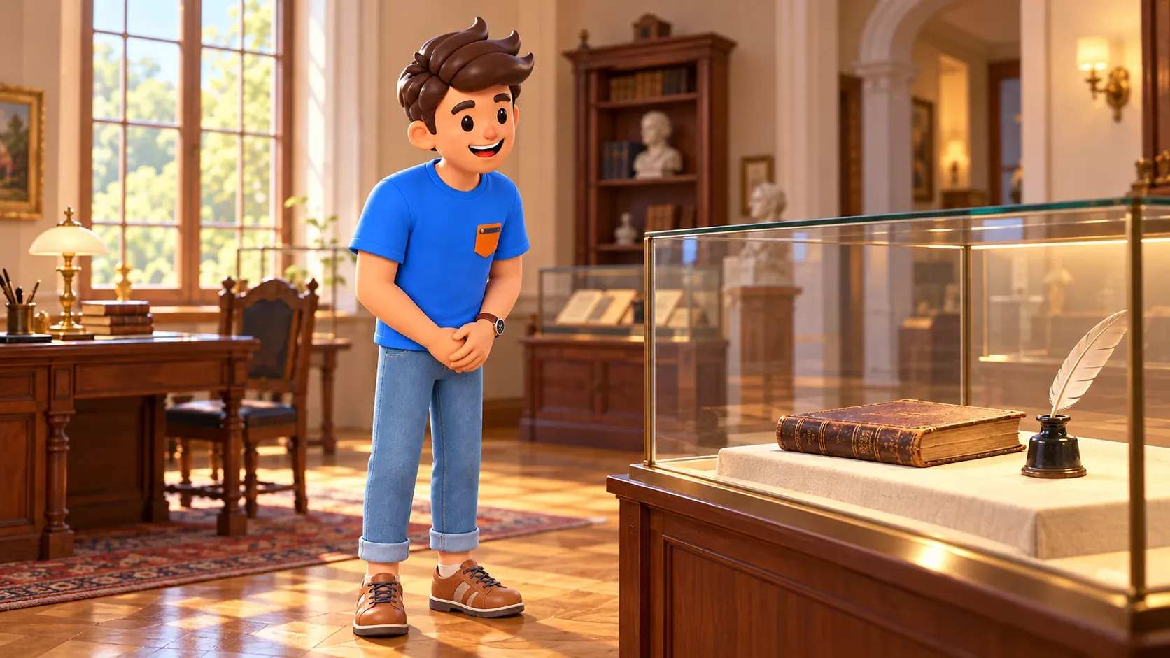 A traveler examines a book and quill in an illustrative literary museum, 3D illustration