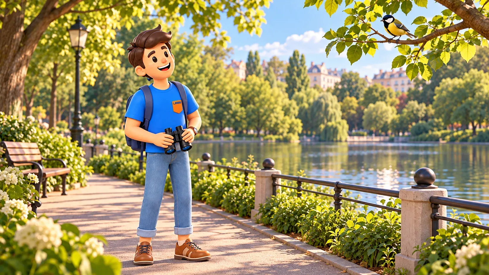 A traveler holding lowered binoculars watches a bird beside a pond in an illustrative Khamovniki park, 3D illustration