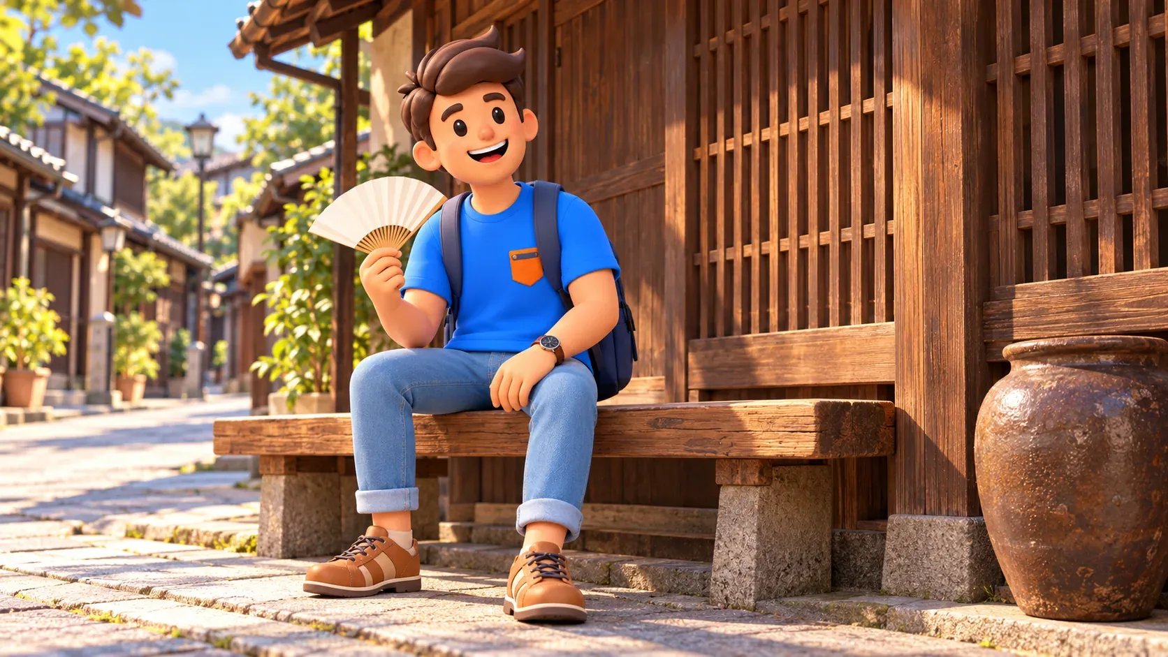 Traveler resting with a folding fan beside a wooden shopfront, illustration