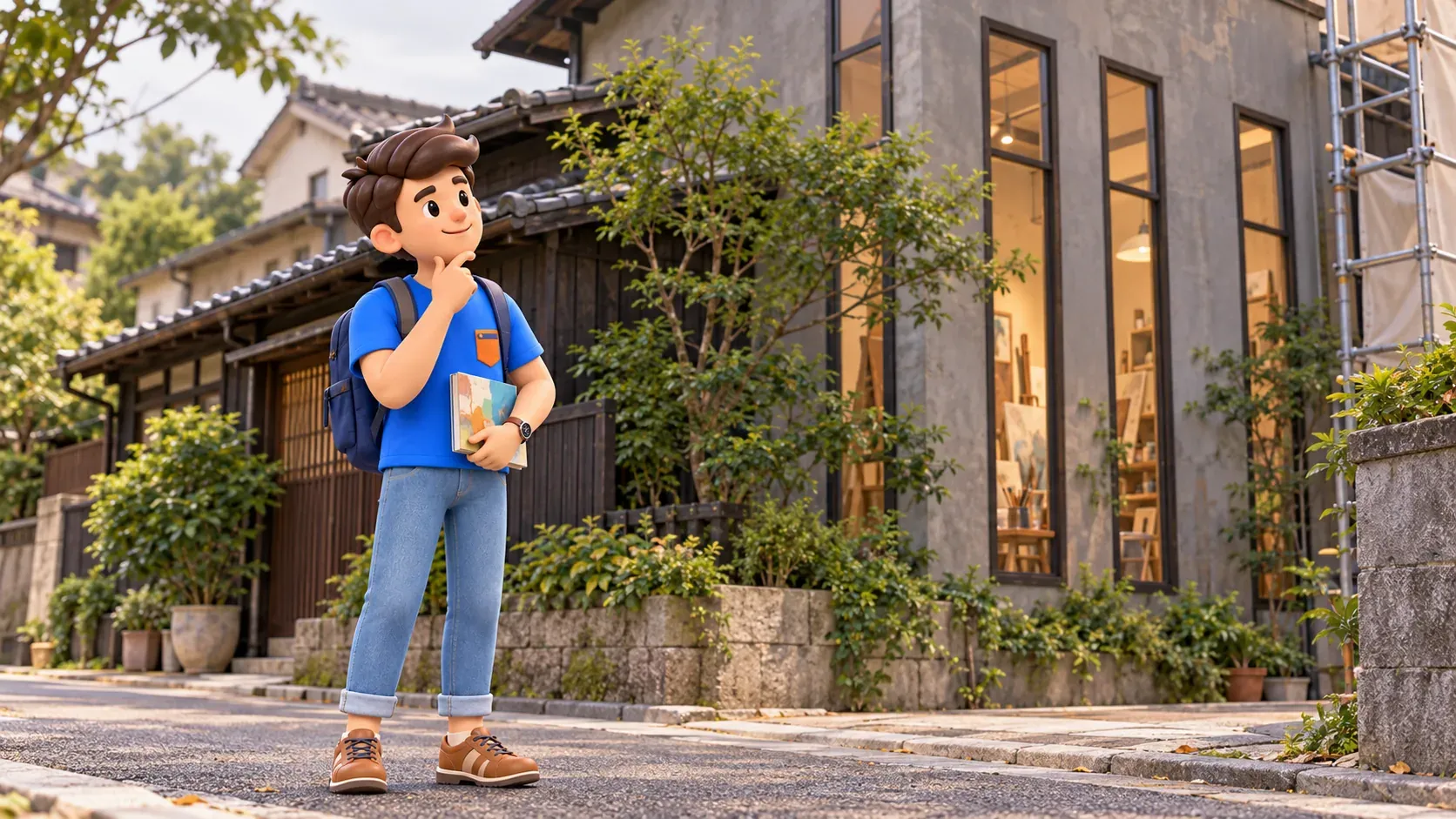 Traveler with an art book outside a stylized artist's house and studio