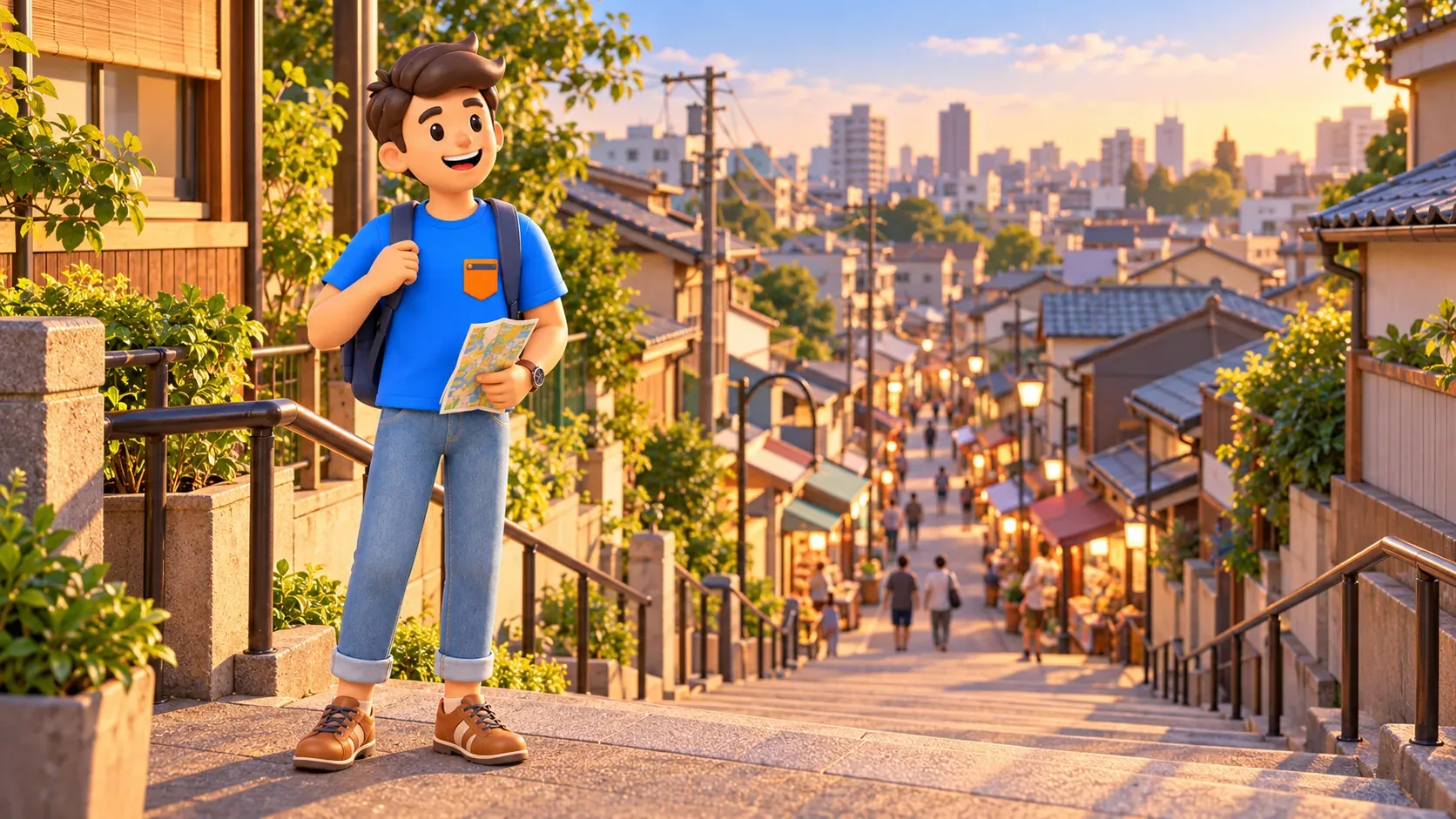 Traveler standing beside steps above a neighborhood shopping street, illustration