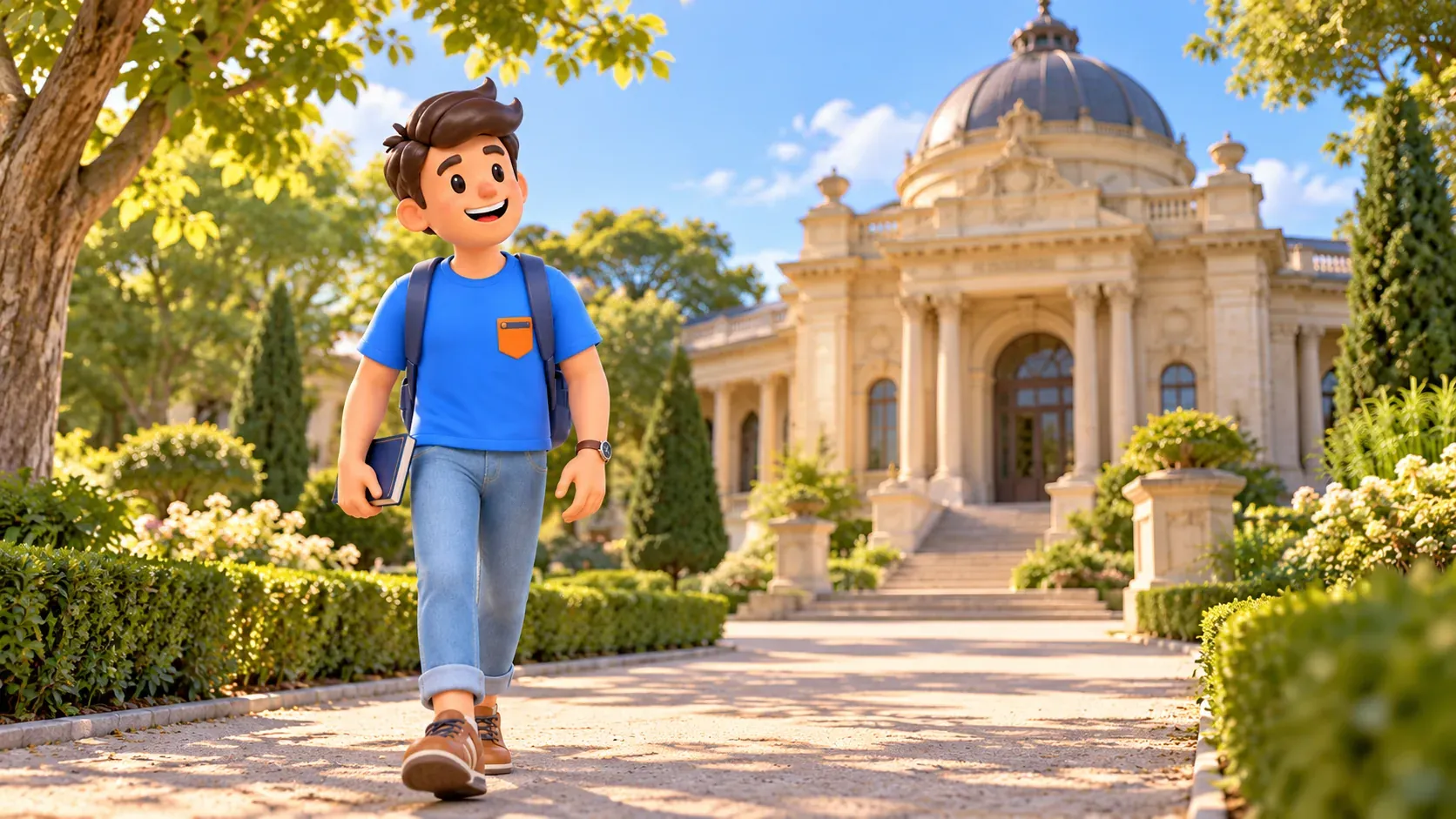 The character walking on an open path beside a historic museum building