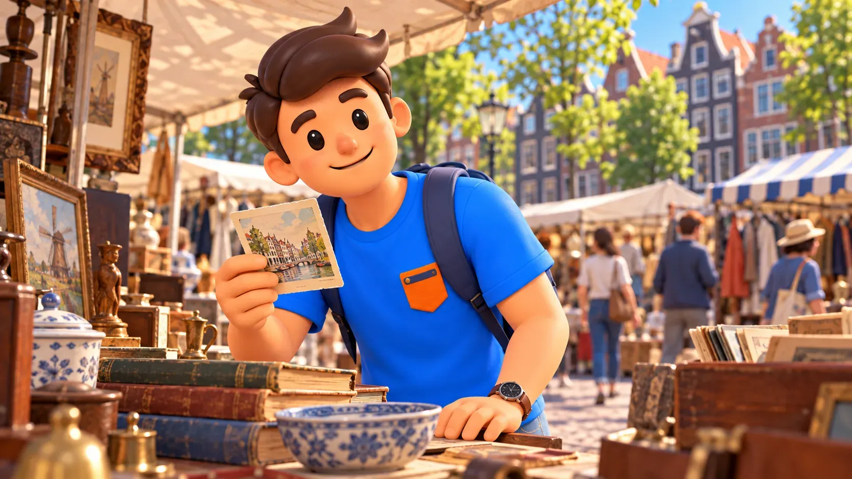 Ilustración de un viajero mirando una postal antigua en un puesto