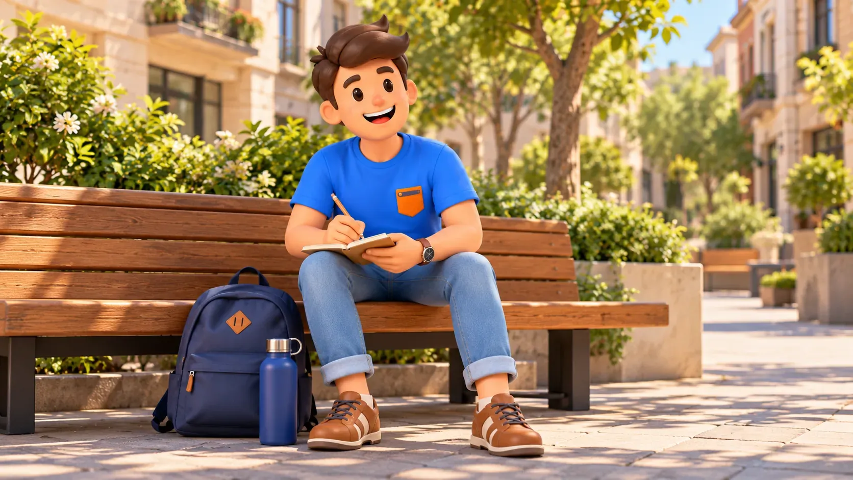 The character making a notebook entry on a bench after a walk