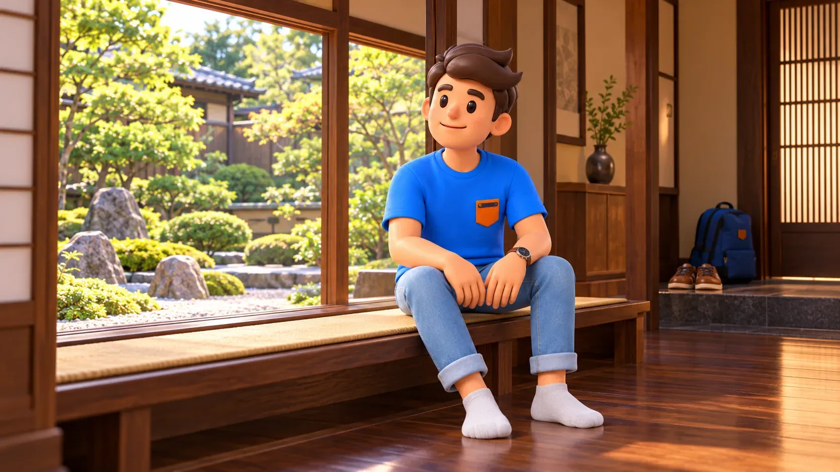 Der Reisende betrachtet in Socken einen Garten aus einem historischen japanischen Haus