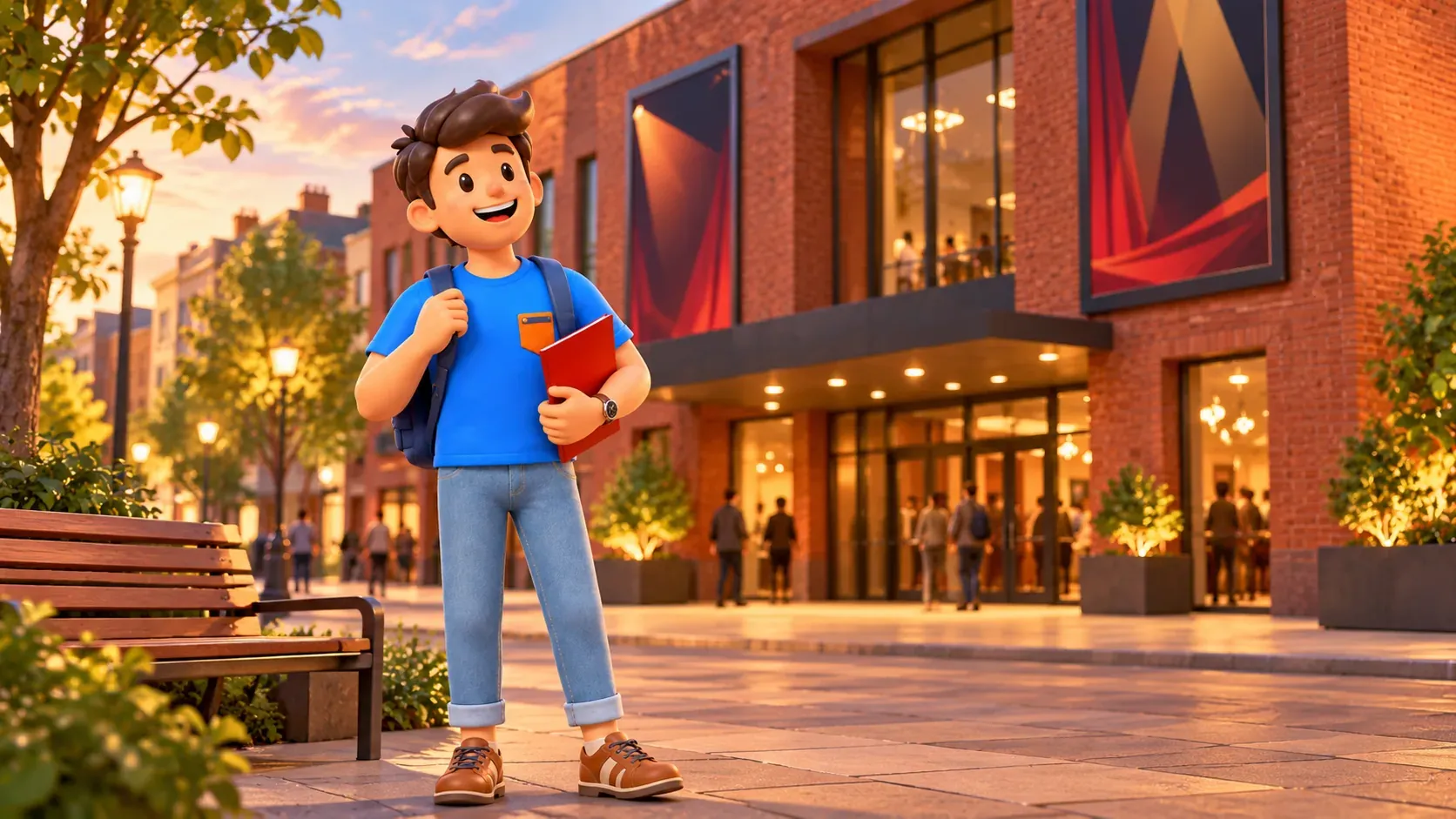 A traveler with a programme outside an illustrative theatre, 3D illustration