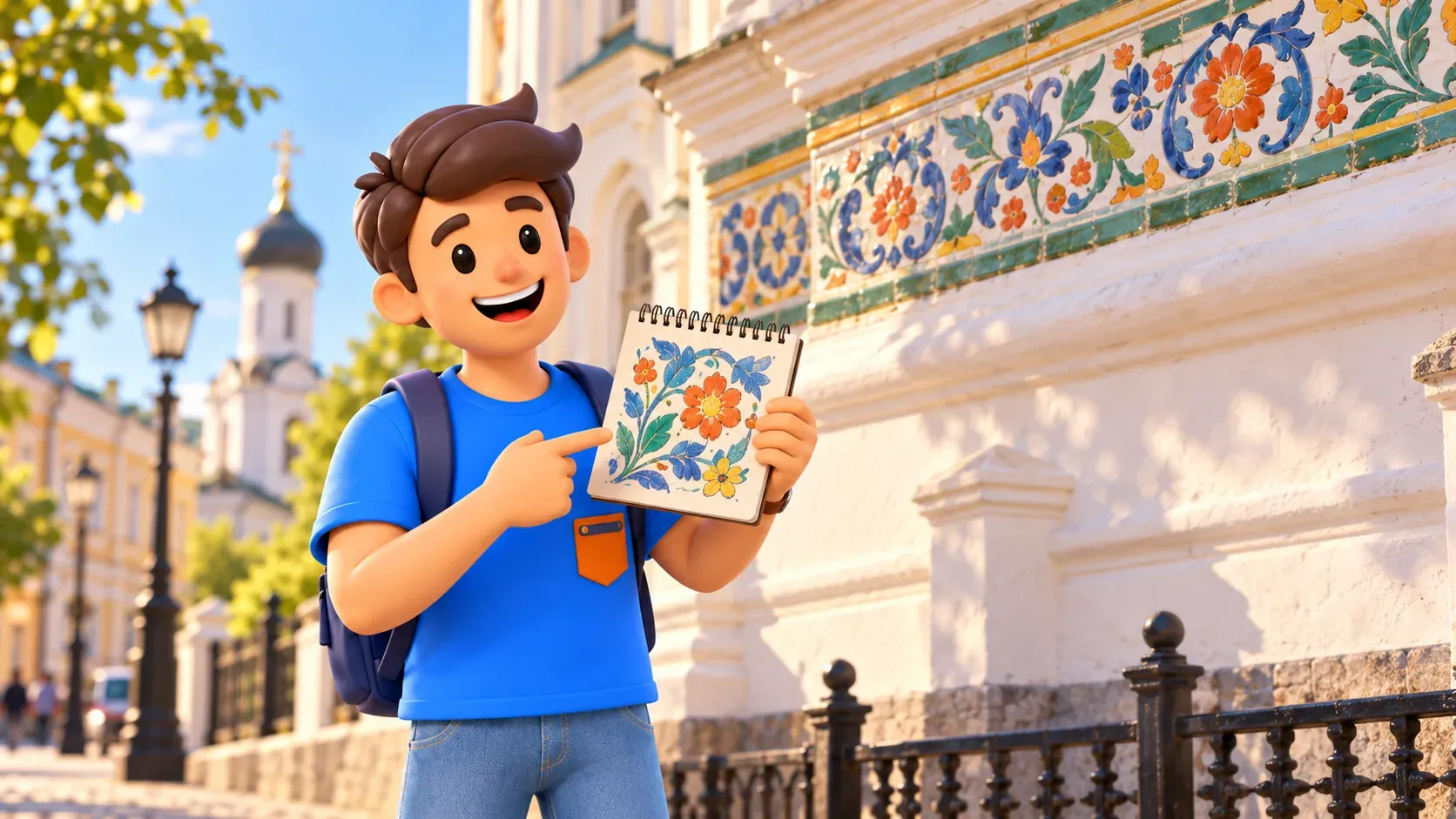 A traveler sketches an illustrative ceramic ornament, 3D illustration