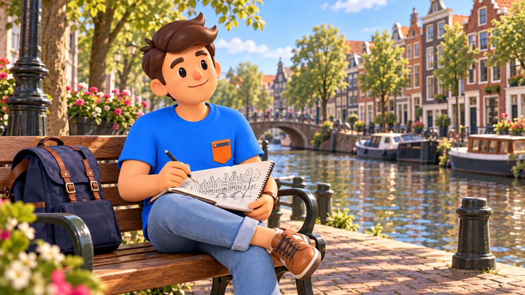 Ilustración de un viajero dibujando casas junto a un pequeño canal de Ámsterdam