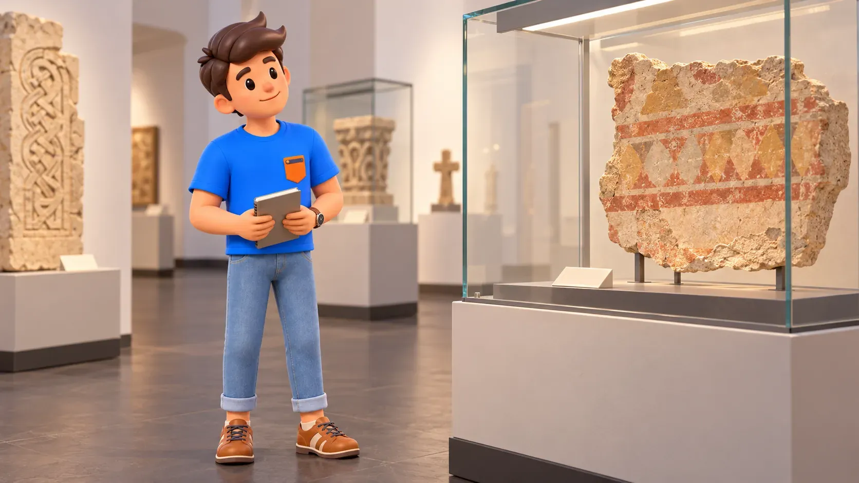 A traveler with a notebook studies an illustrative ornamental wall-painting fragment in a museum case, 3D illustration
