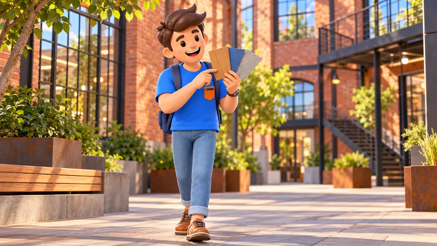 A traveler compares material samples in a stylized industrial courtyard inspired by Artplay, 3D illustration