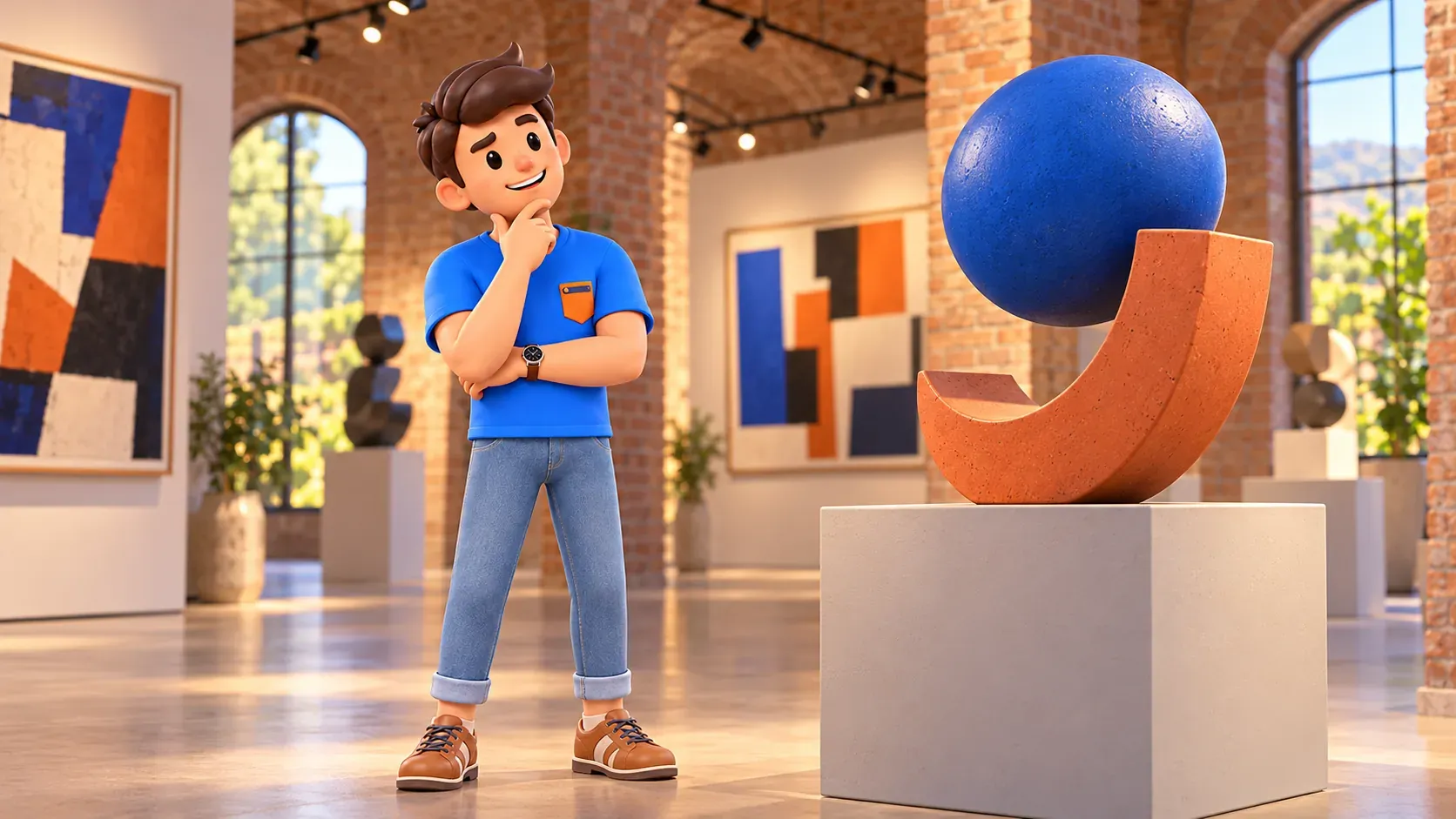 A traveler studies an original abstract sculpture in an illustrative brick gallery, 3D illustration