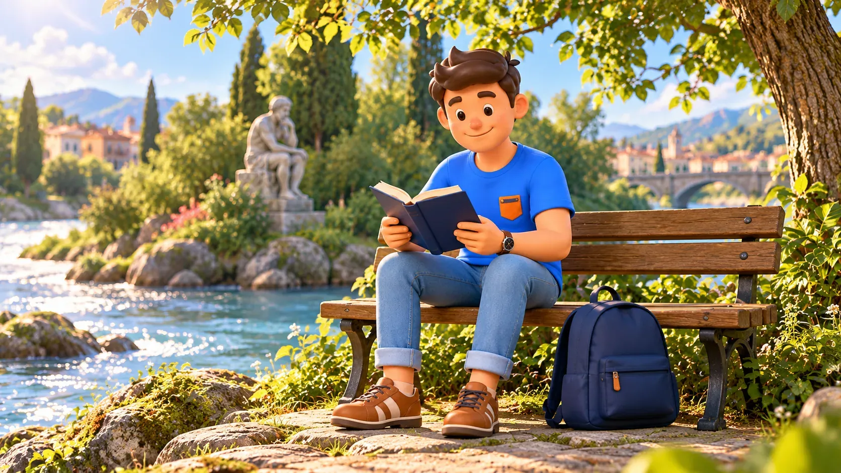 The character reading a book on a riverside bench