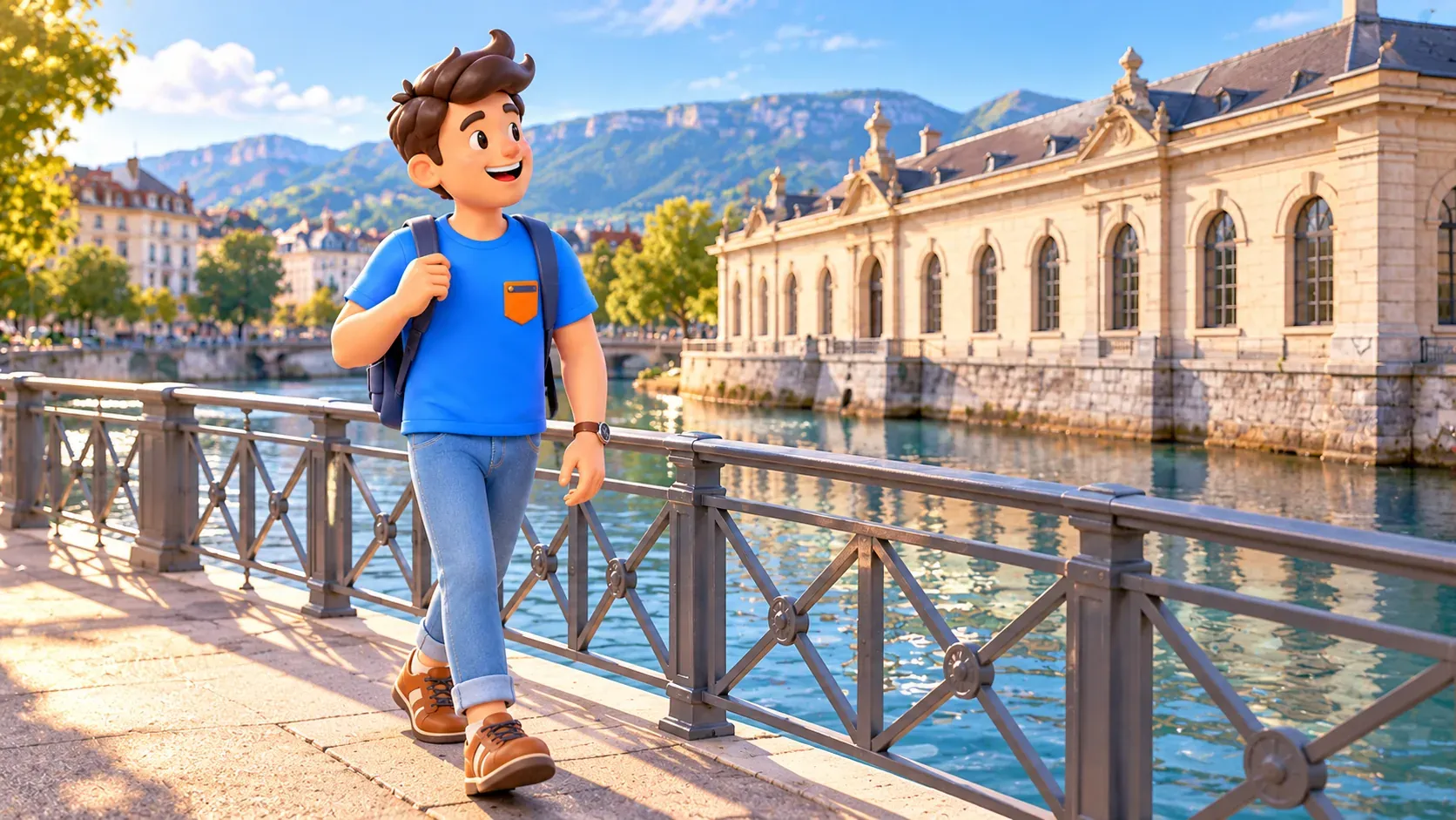 A traveller viewing a historic building from a pedestrian bridge