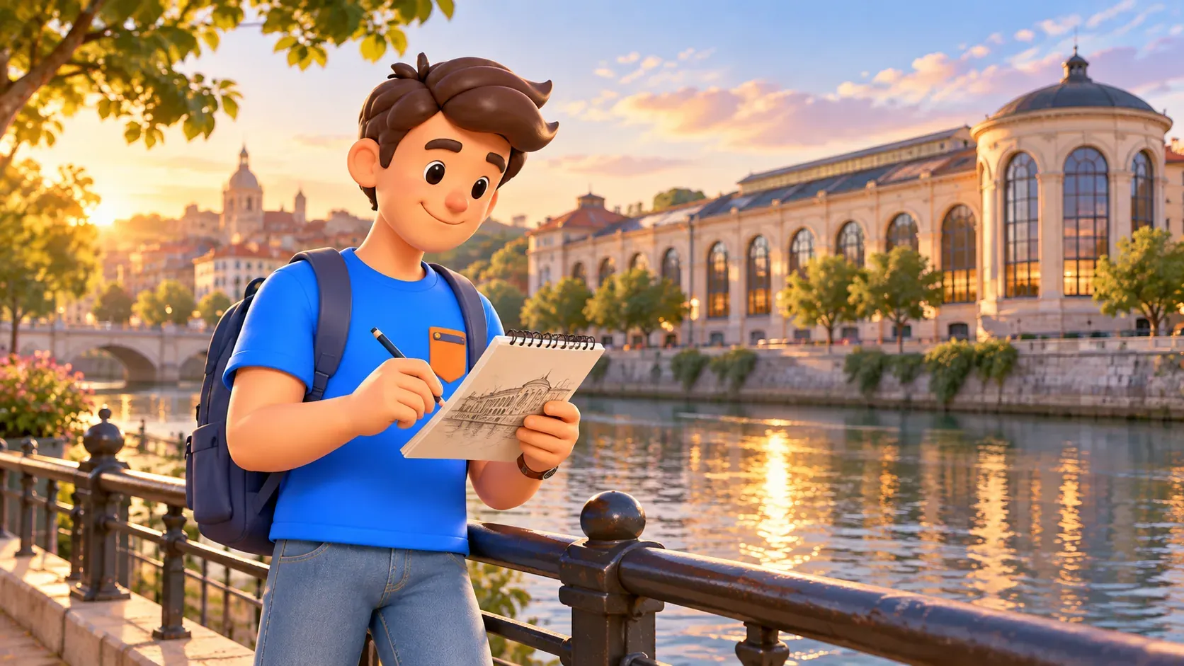 The character sketching a historic building beside the river