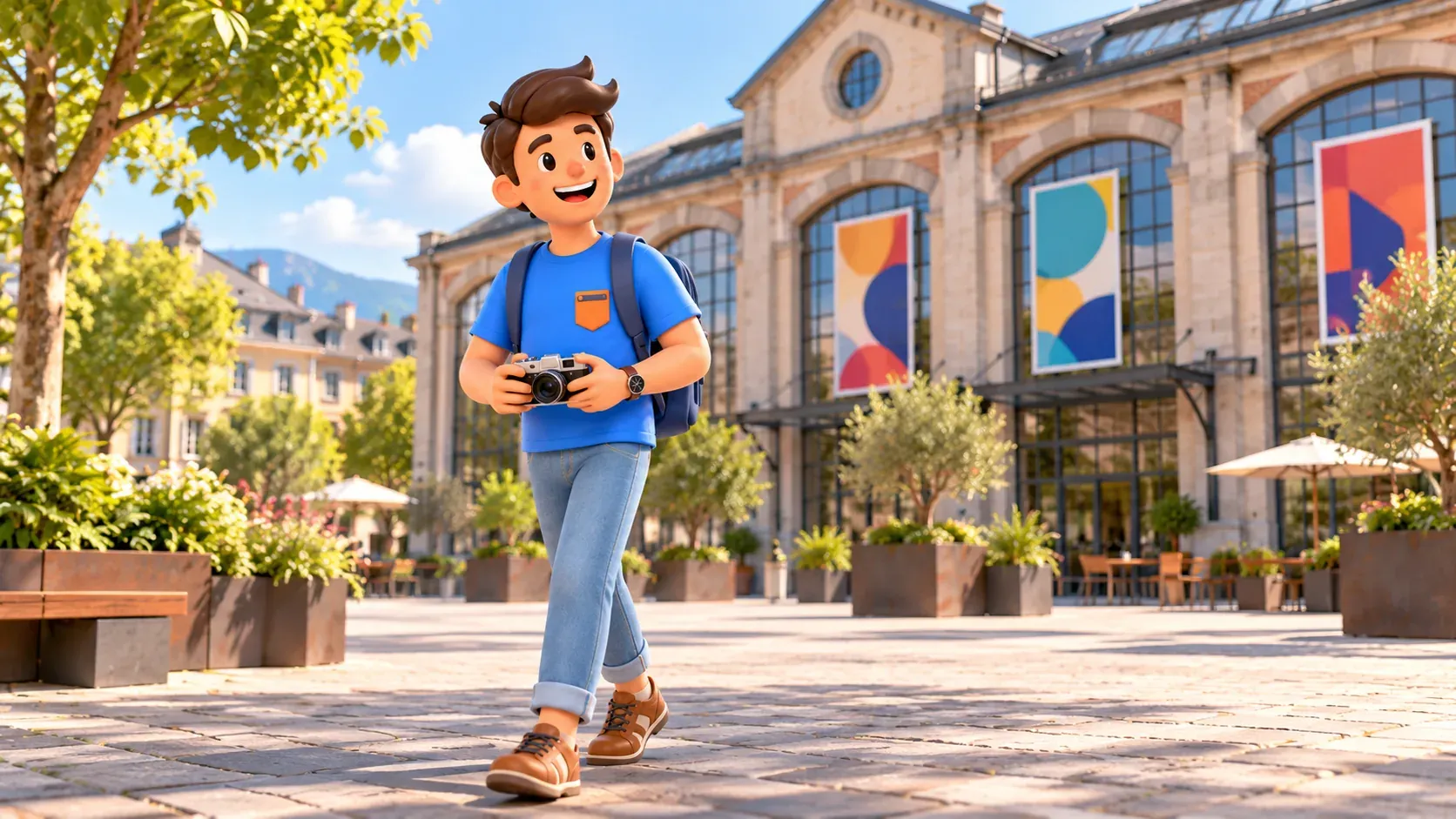 Le personnage traverse une place avec son appareil photo près d’un centre culturel