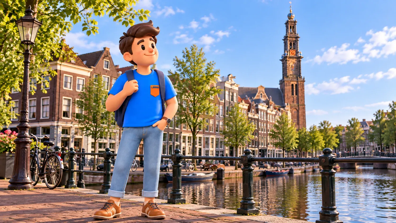 Ilustración de un viajero al final del paseo junto a Prinsengracht y Westerkerk