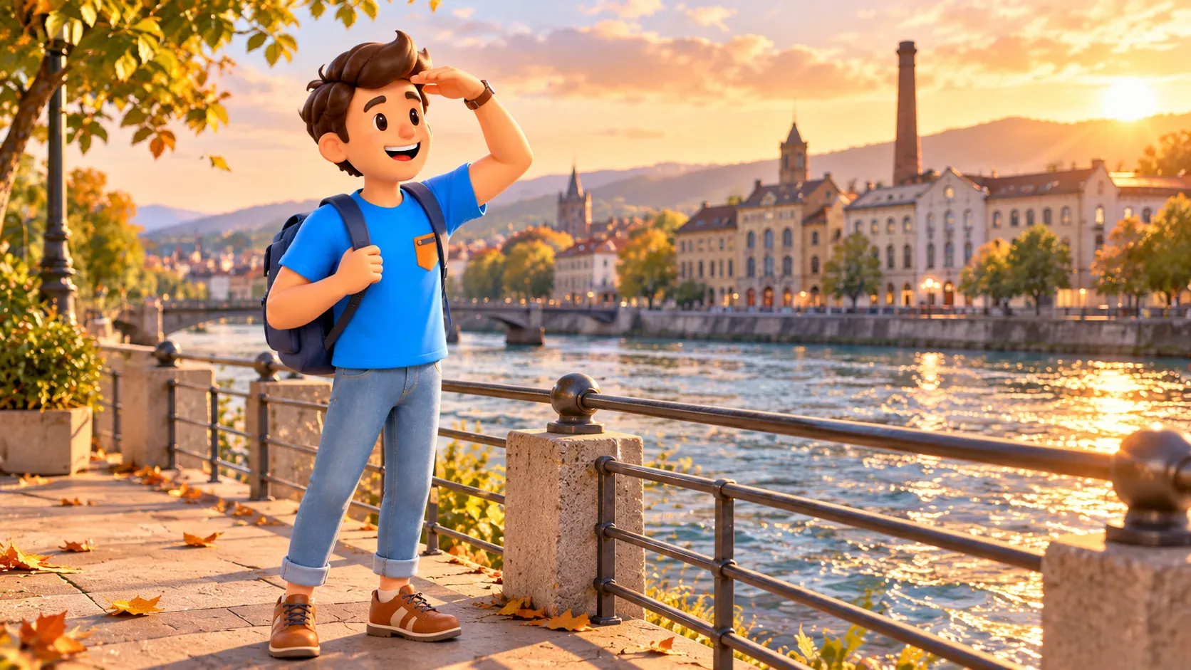Le personnage regarde l’autre rive en protégeant ses yeux du soleil