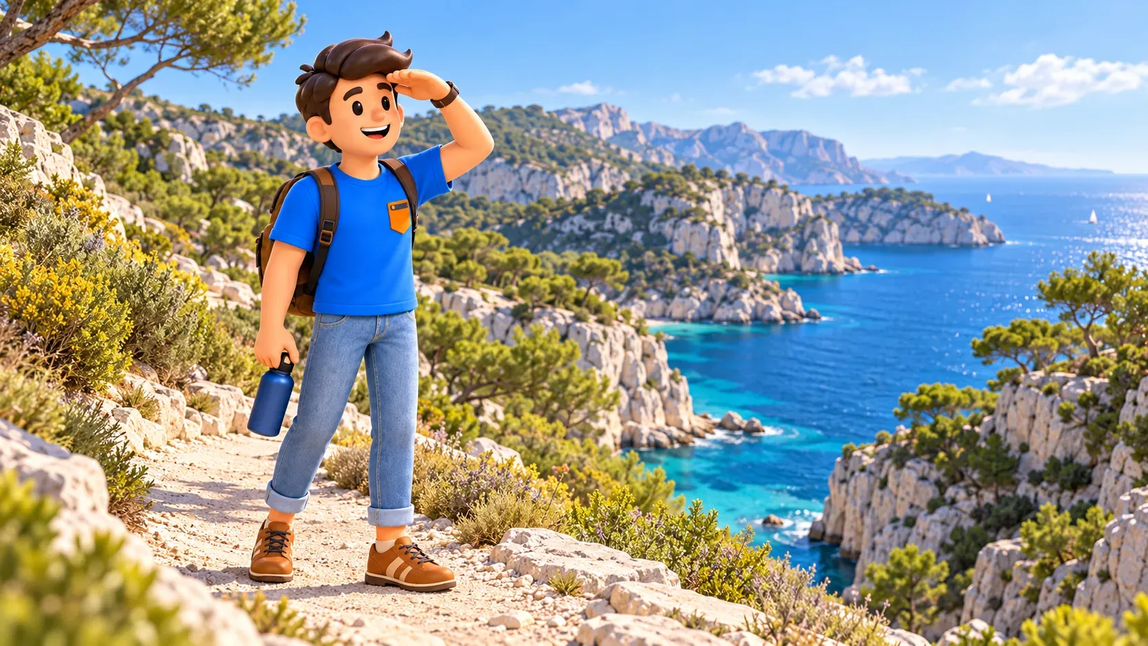 Illustrierter Wanderer mit Wasser und Rucksack blickt auf eine von den Calanques inspirierte Bucht