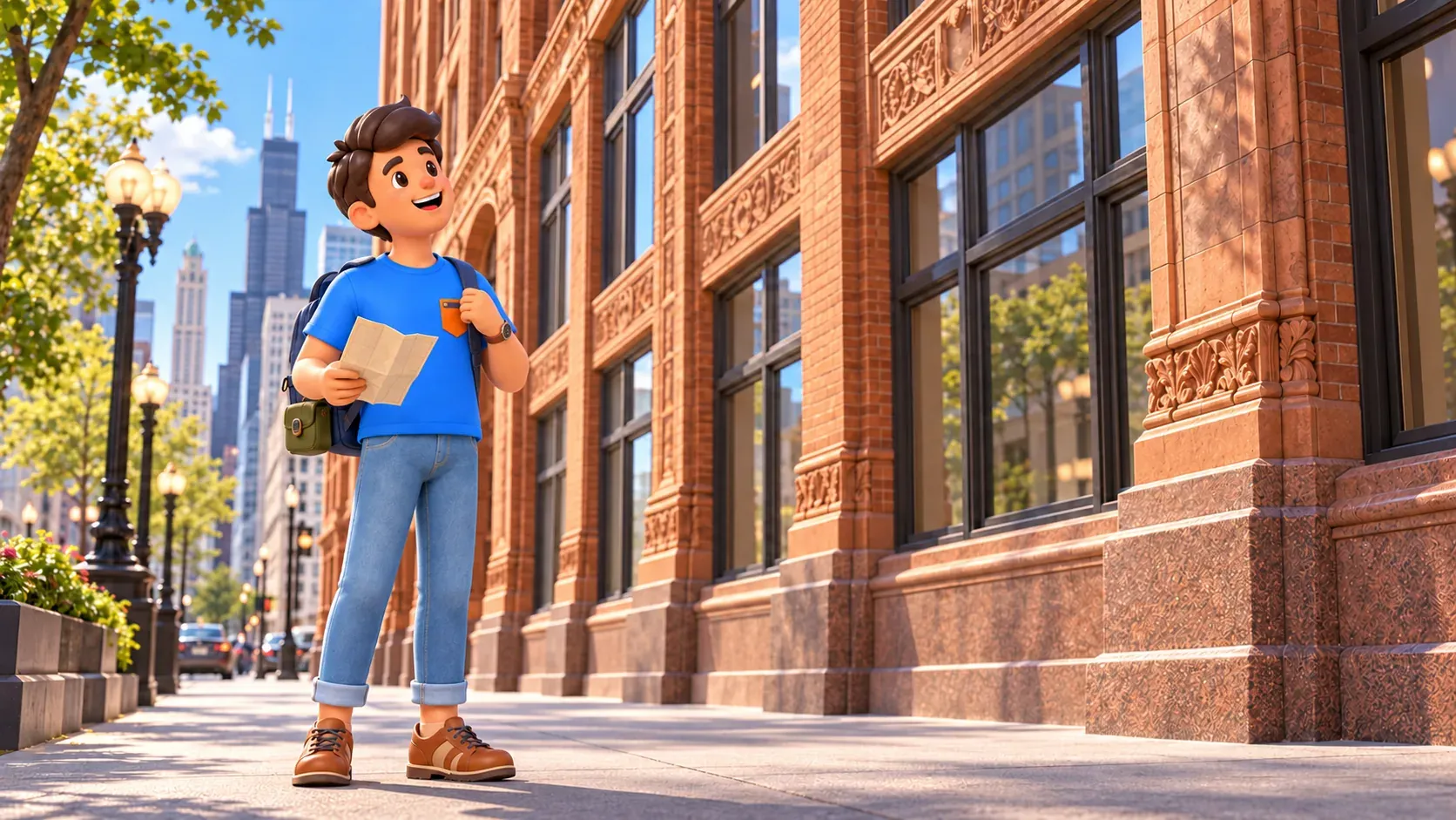 Traveller observing the Marquette Building facade from the pavement.