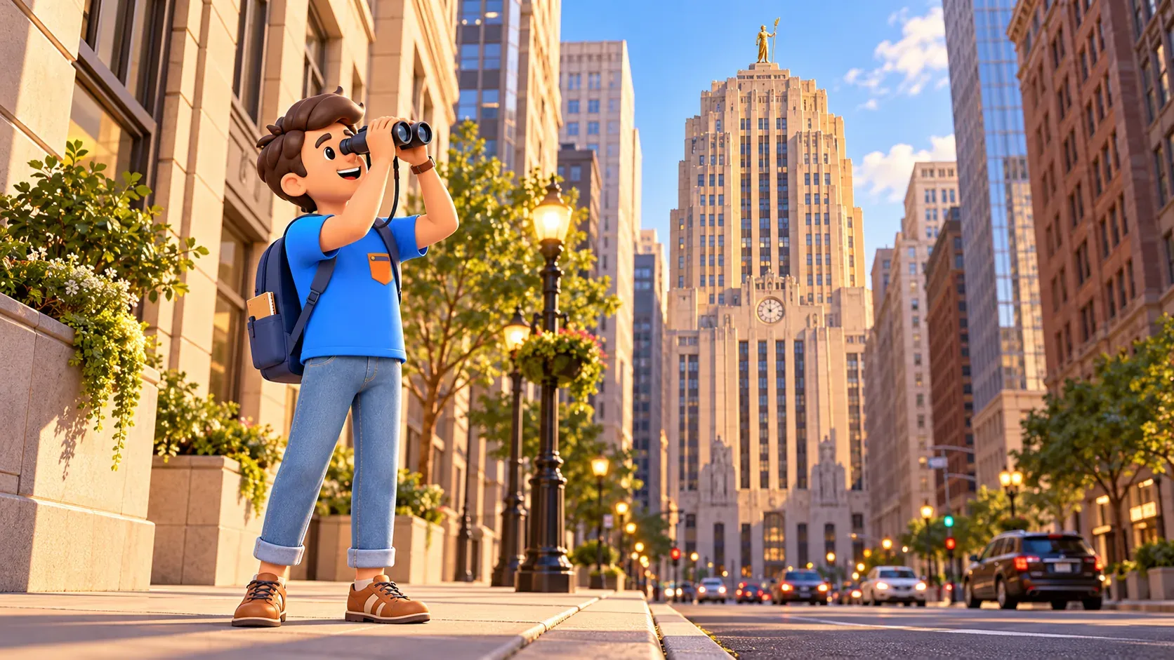 Traveller using binoculars to observe small rooftop Ceres on the Board of Trade.