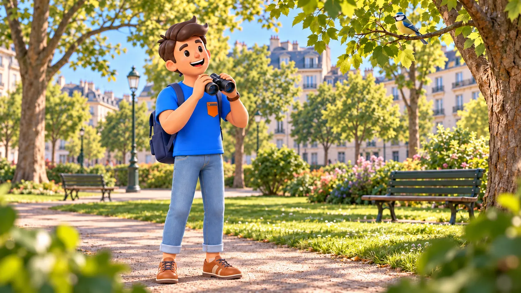 The character watching a bird with binoculars in an urban park