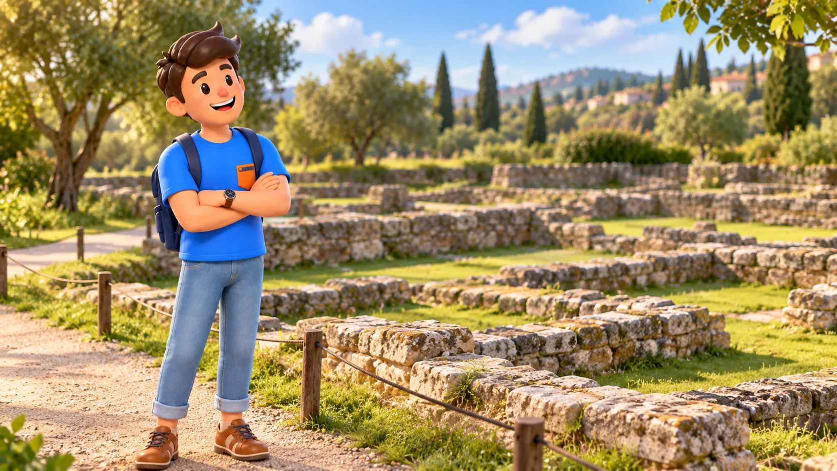 A traveller studying old wall outlines from an allowed path