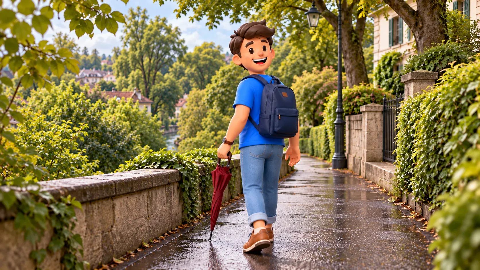 The character walking along a leafy urban path with a closed umbrella