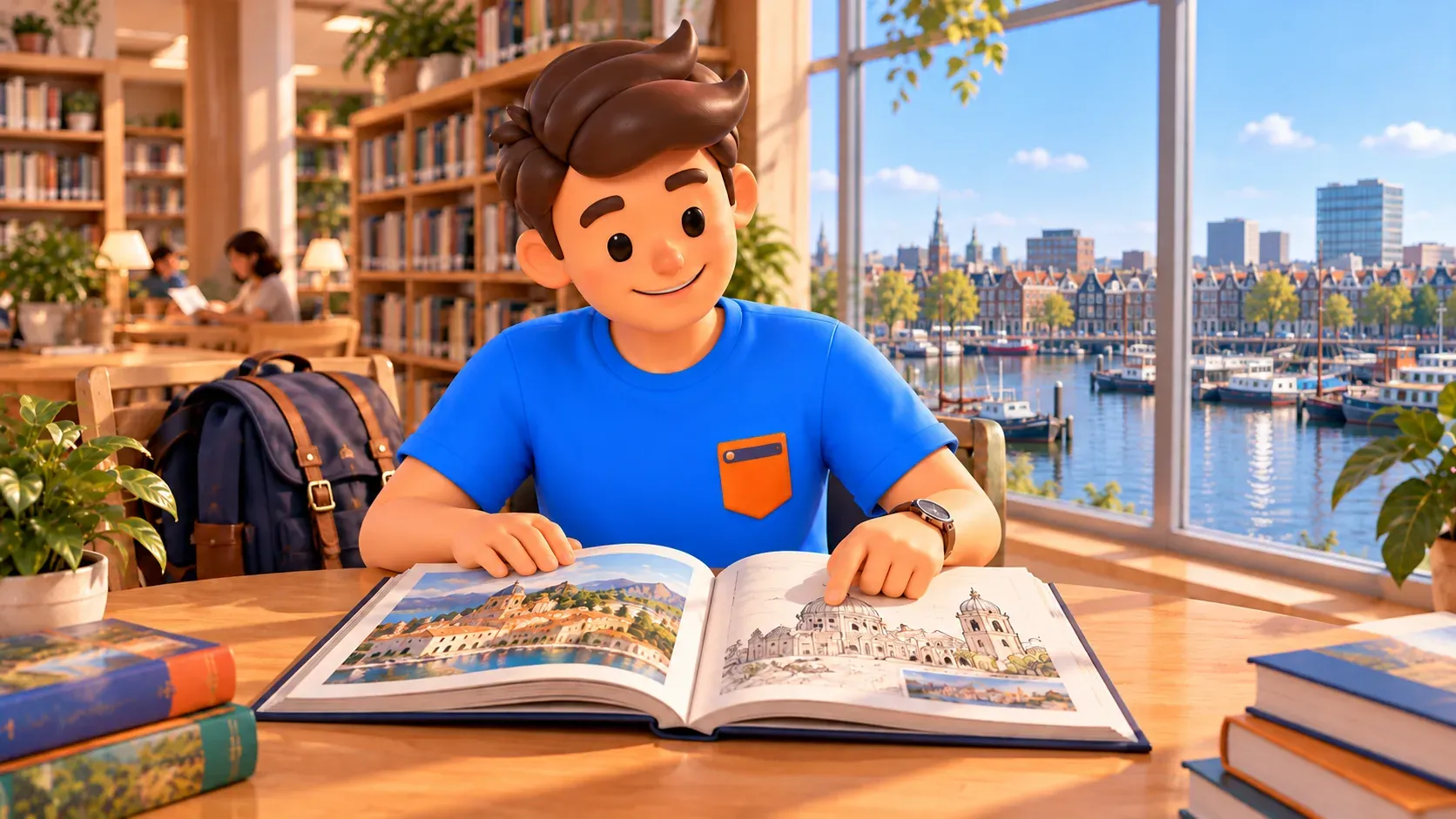Illustration thématique d’un voyageur lisant dans une bibliothèque contemporaine