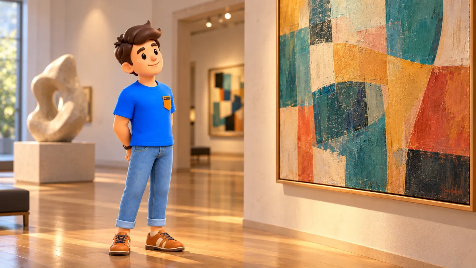 Illustration der Figur vor einem abstrakten Bild in einem beispielhaften Museumsraum
