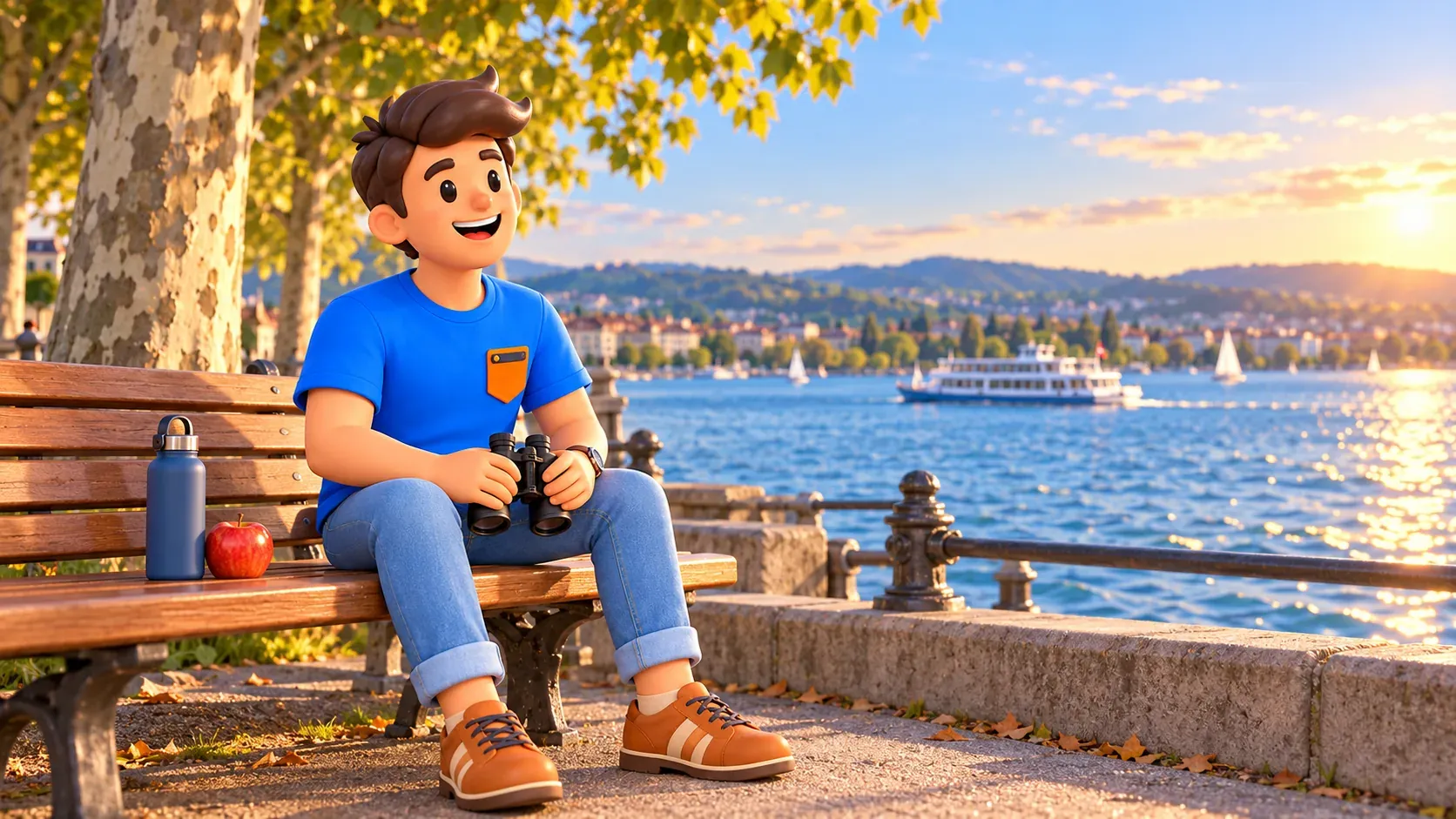 Illustration eines Reisenden mit Fernglas auf einer Bank am Zürichsee