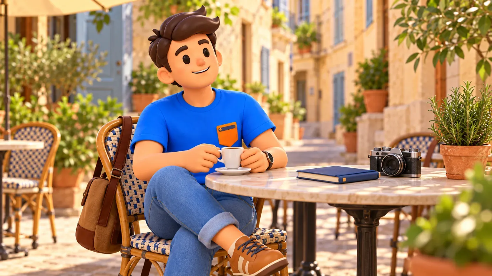 Viajero ilustrado descansa con un café en una terraza de la Marsella antigua