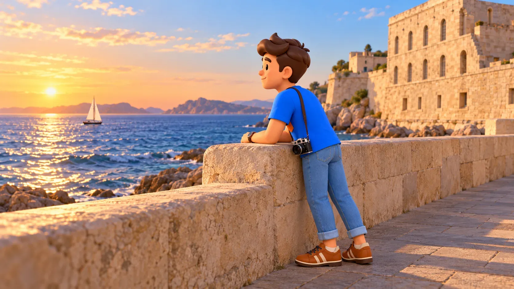 Viajero ilustrado contempla el mar junto a una fortificación de piedra clara