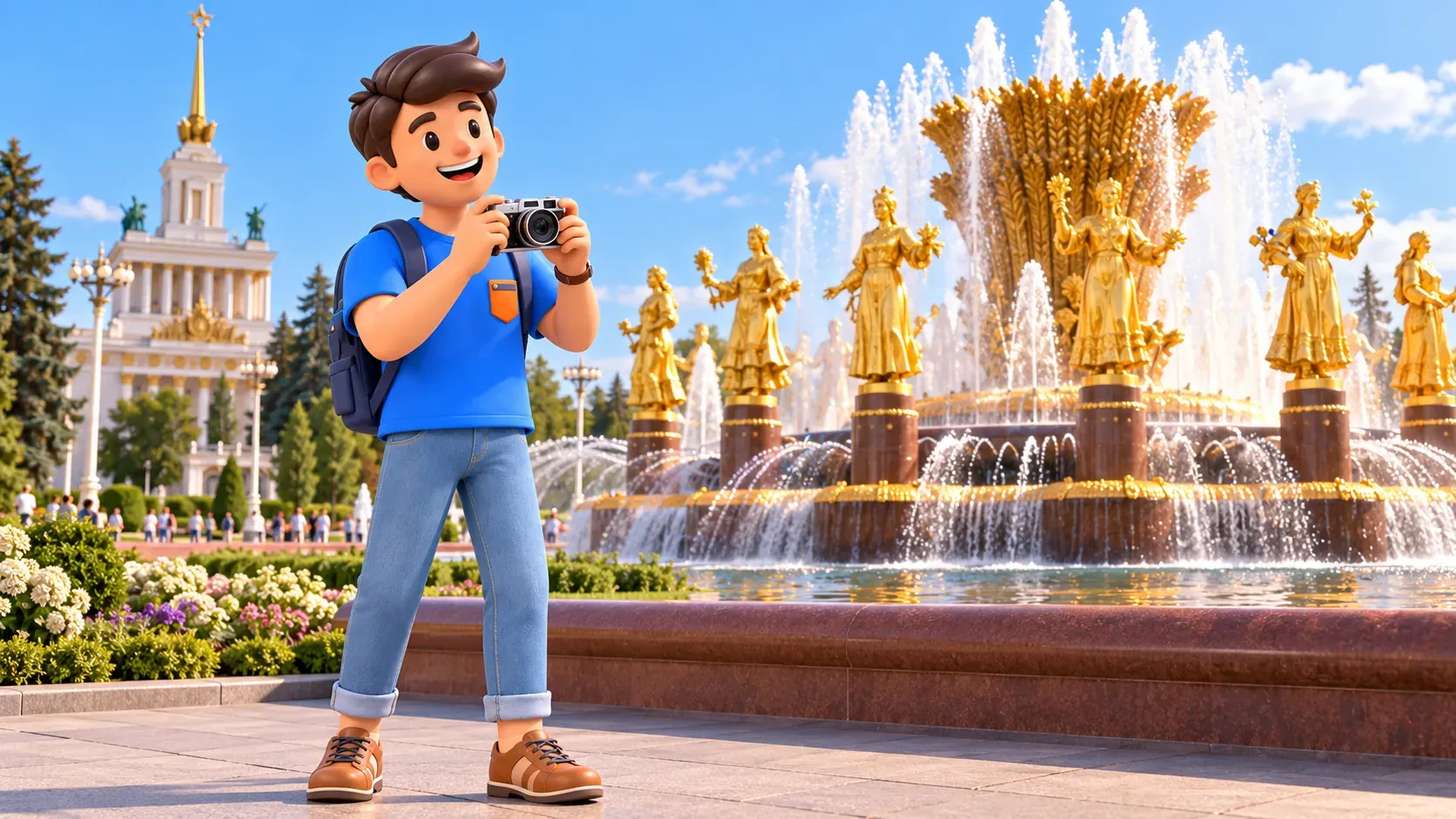 Un voyageur avec un appareil photo devant une composition inspirée de la fontaine de l’Amitié des peuples, illustration 3D