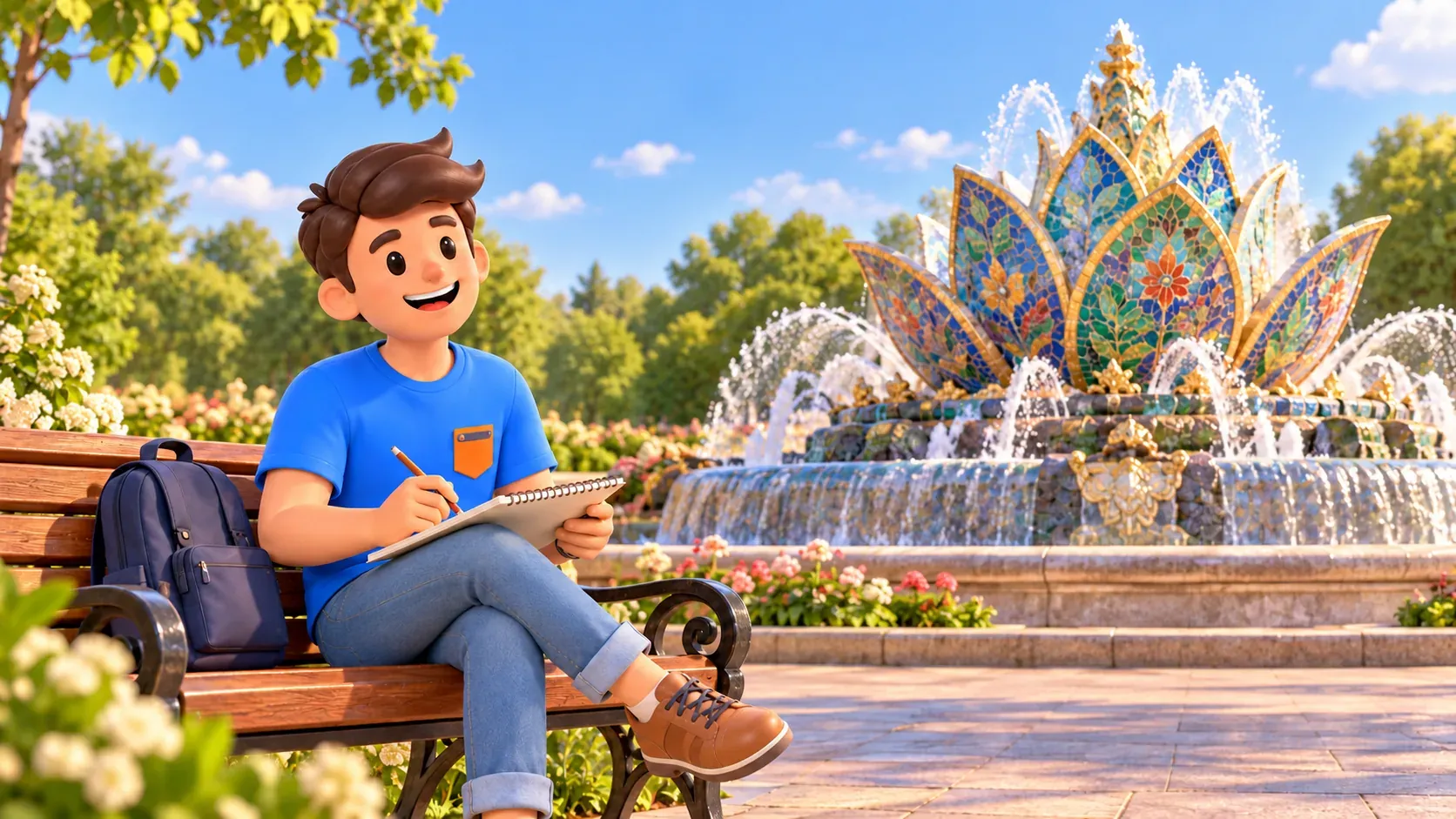 Un voyageur dessine près d’une fontaine de mosaïque stylisée inspirée de la Fleur de pierre, illustration 3D