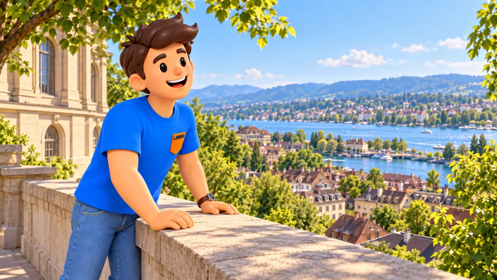 Ilustración de un viajero contemplando la ciudad desde la colina universitaria
