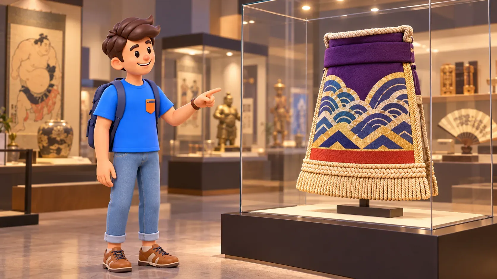 Reisender betrachtet einen zeremoniellen Sumoschurz hinter Museumsglas