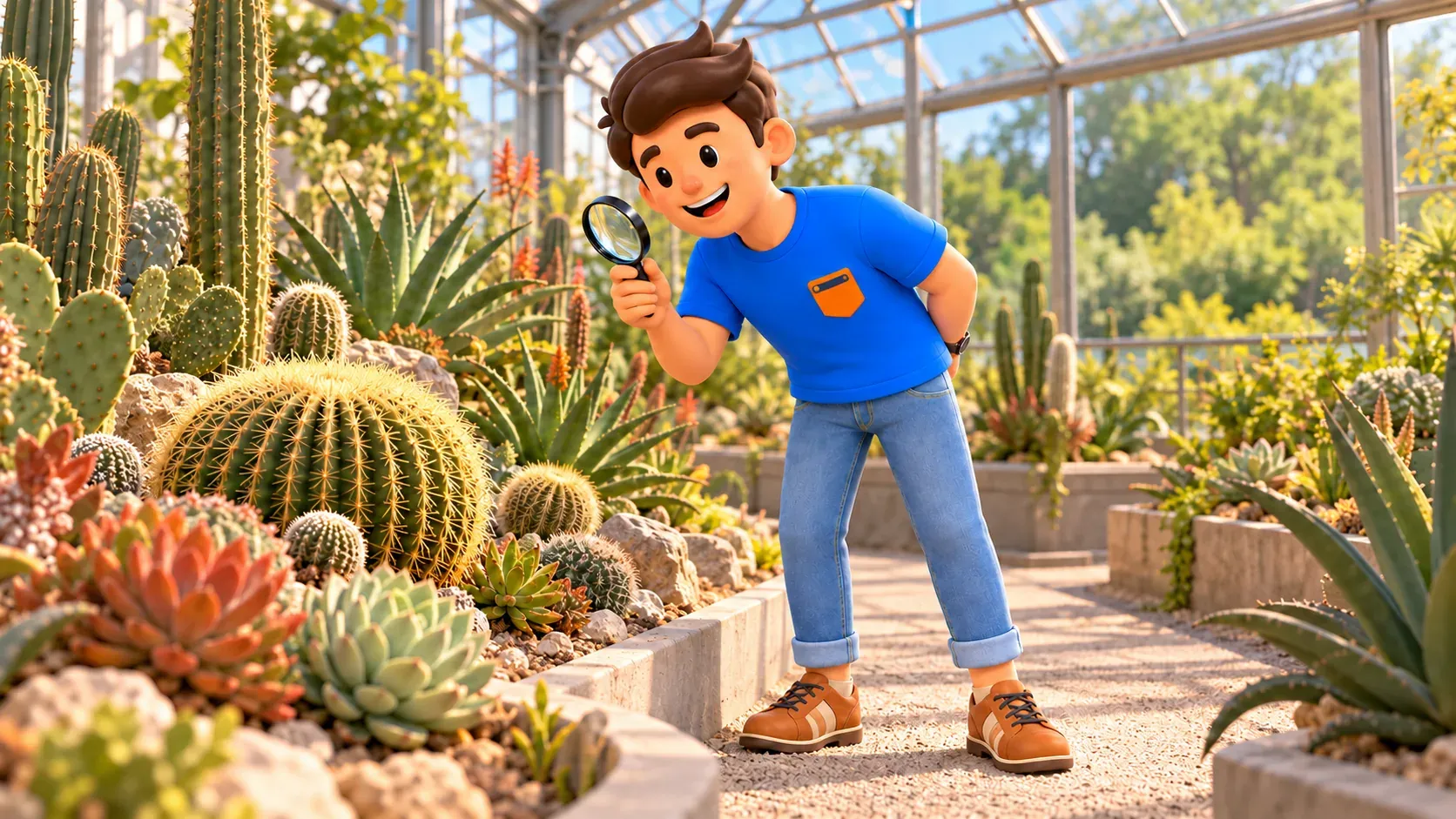 Ilustración de un viajero observando cactus desde el sendero de un invernadero
