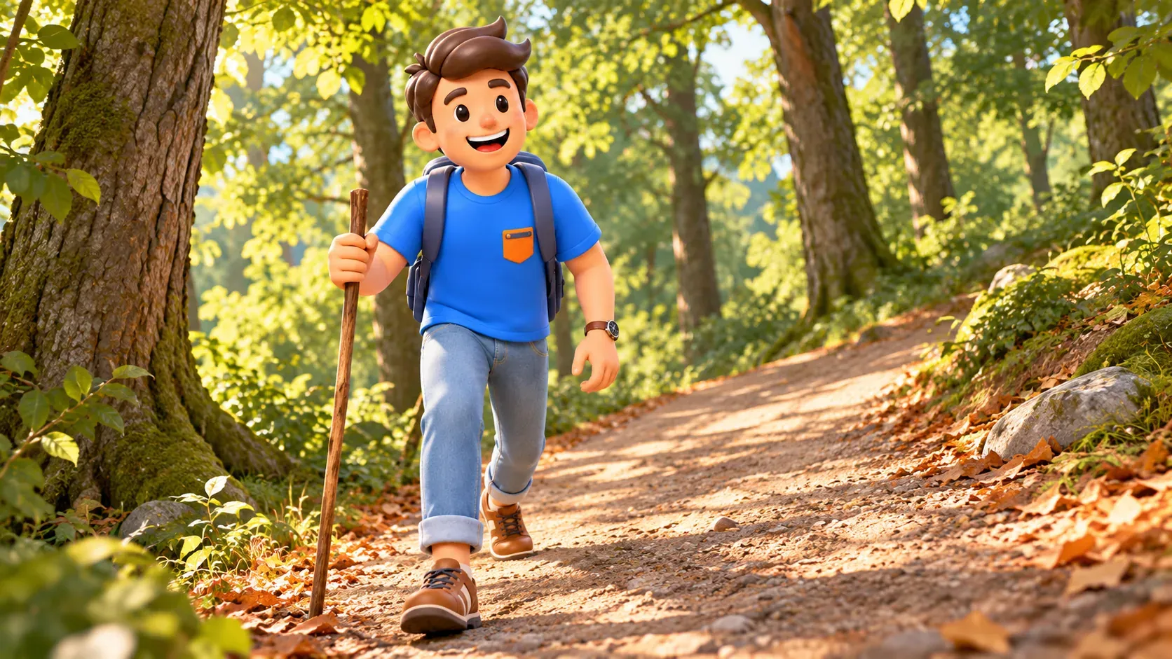 The character walking with a stick along a sloped woodland path