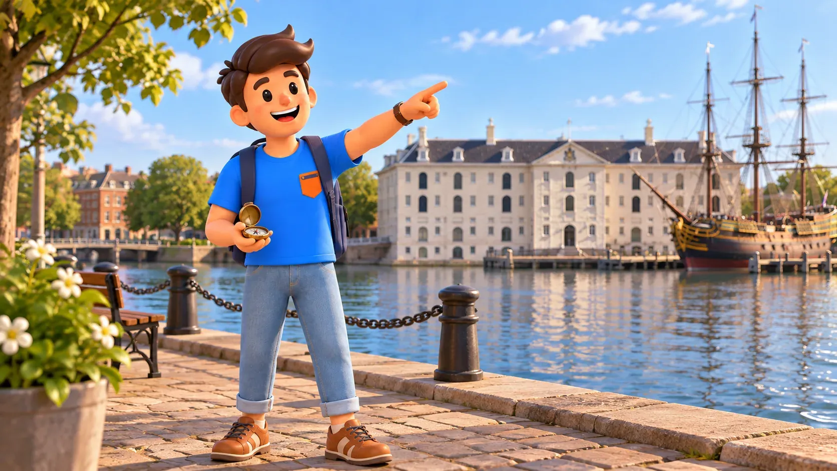 Illustration d’un voyageur avec une boussole face au Musée maritime d’Amsterdam
