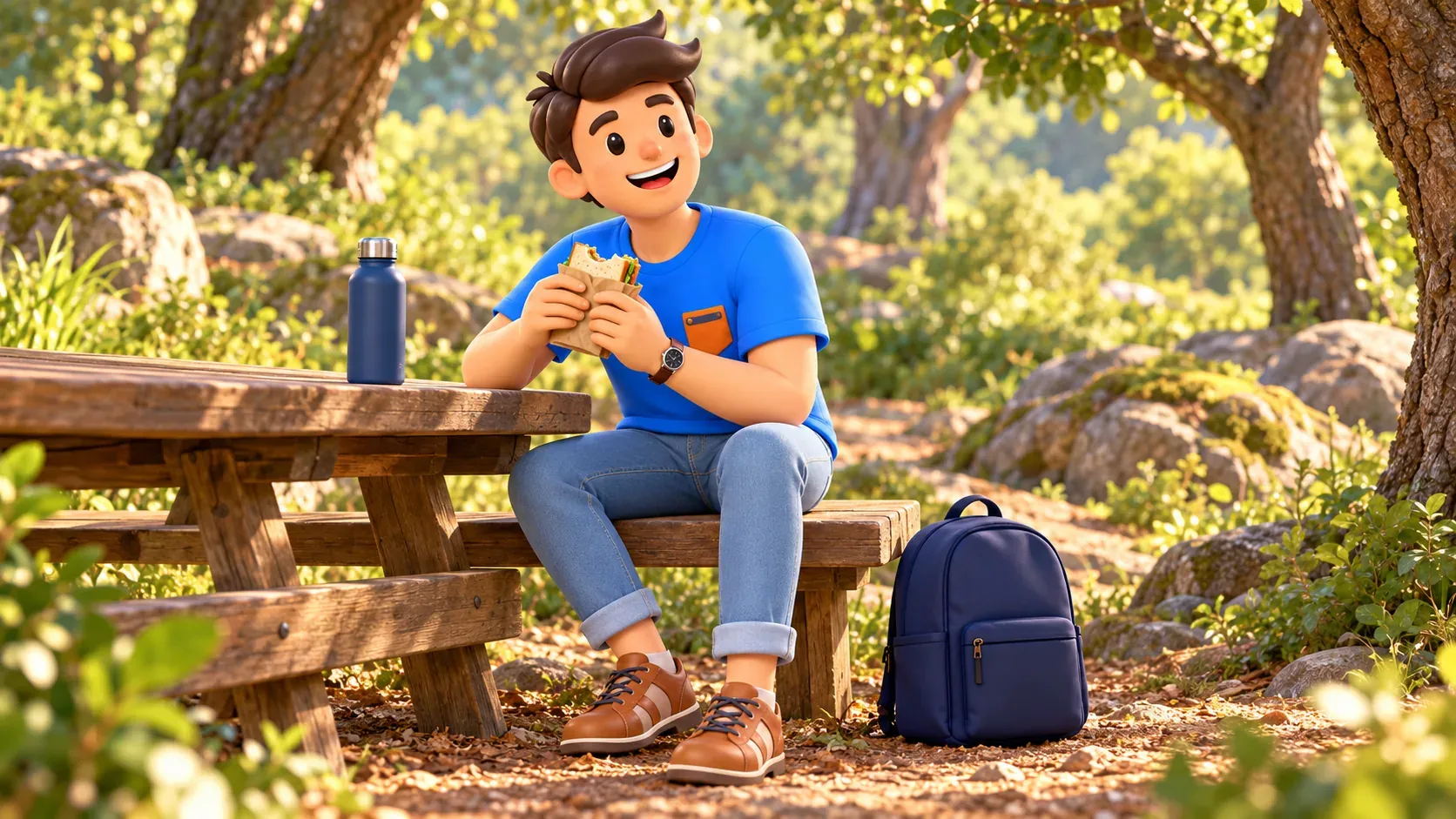 A traveller taking a sandwich break at a woodland picnic table