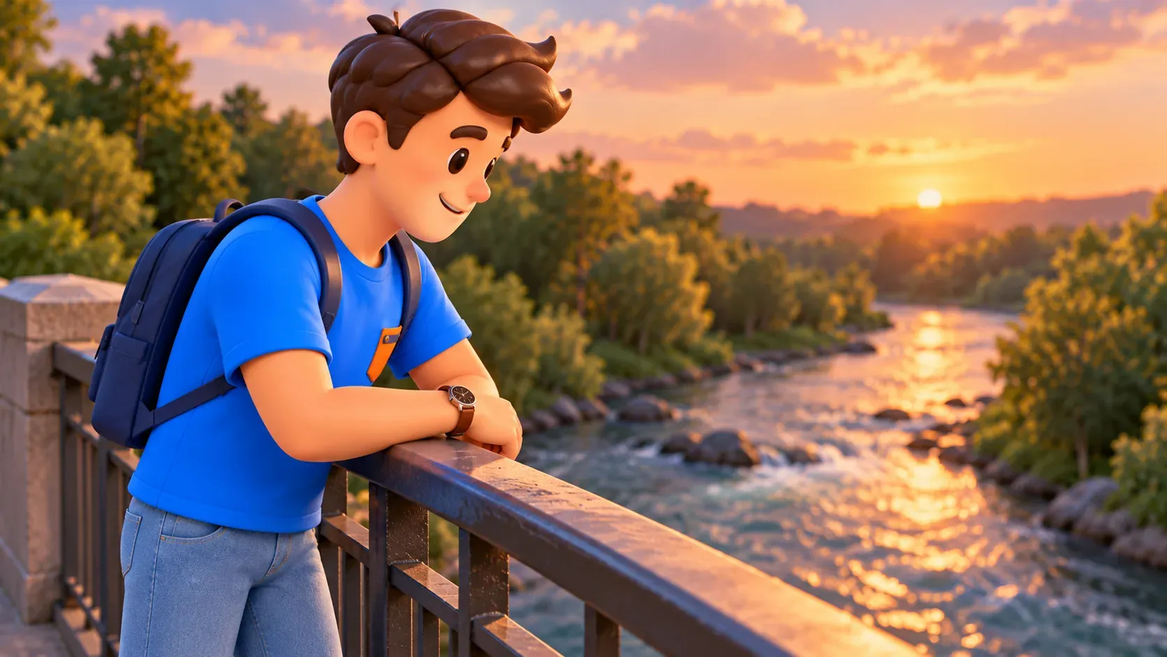 The character watching flowing water from a secure bridge