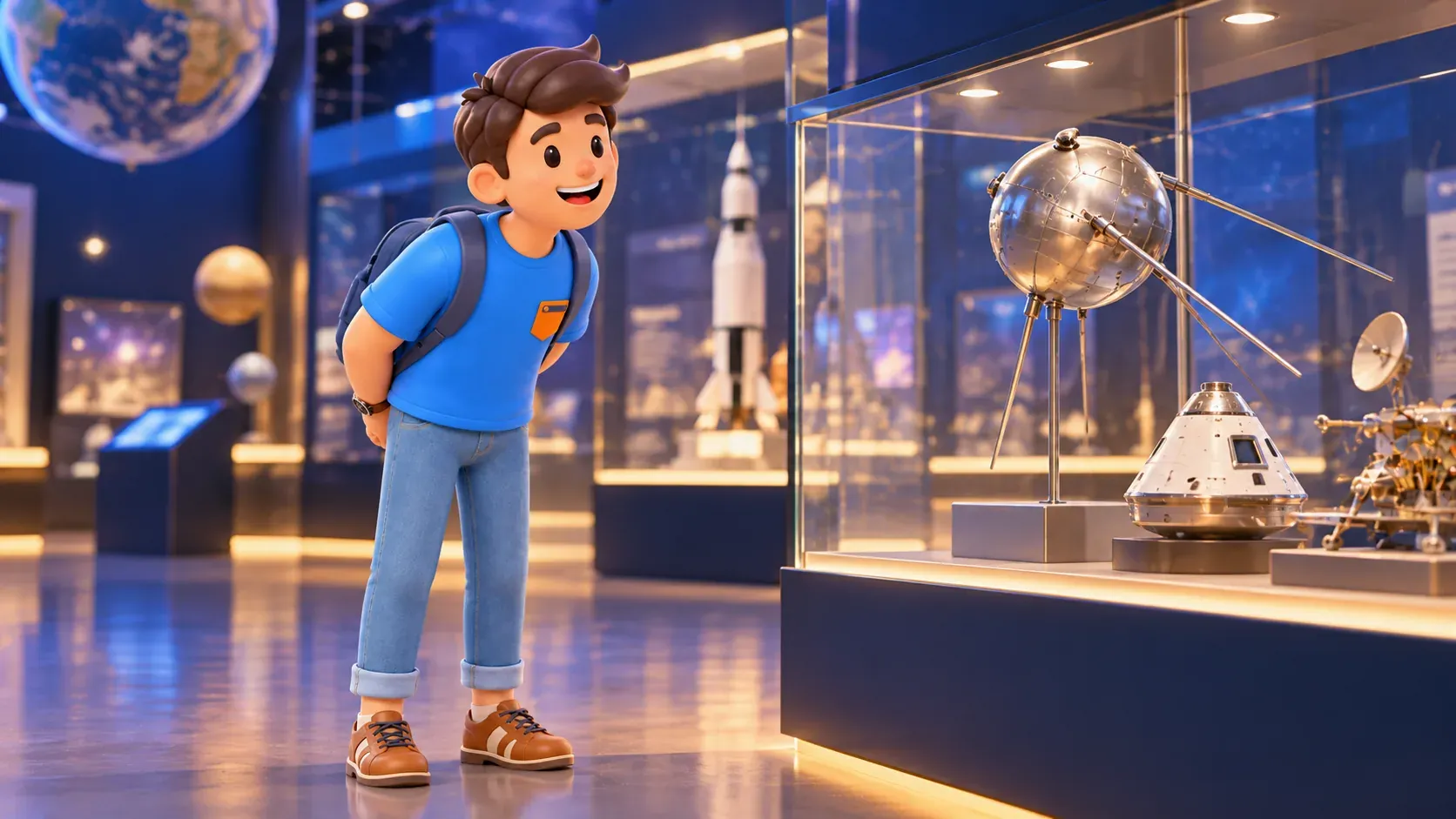 Un voyageur observe des modèles illustratifs de satellite et capsule dans une vitrine imaginée, illustration 3D