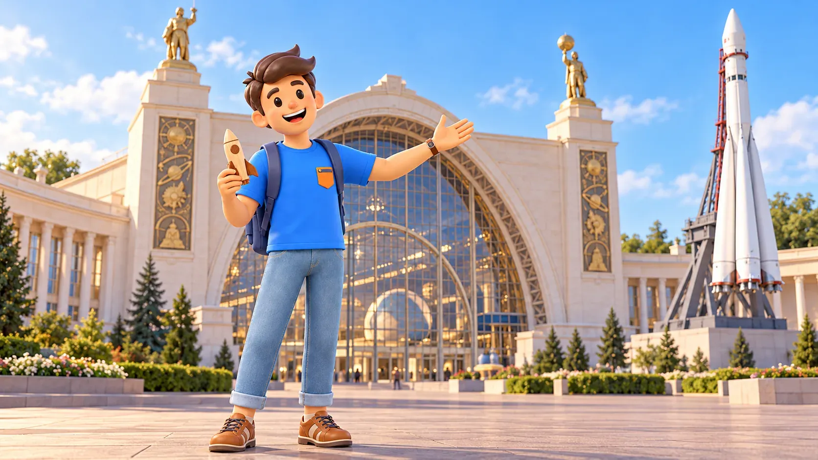 Un voyageur avec une fusée-jouet devant un pavillon stylisé et une fusée d’exposition, illustration 3D