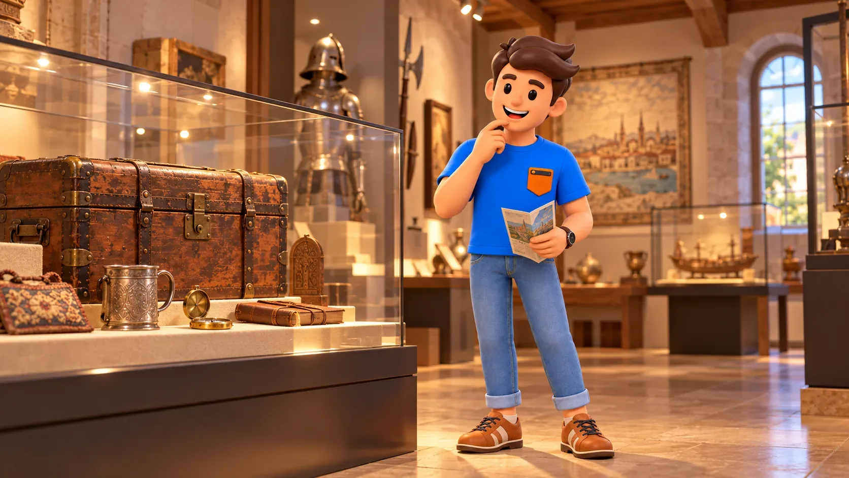 Ilustración de un viajero observando objetos históricos en una sala de museo imaginaria