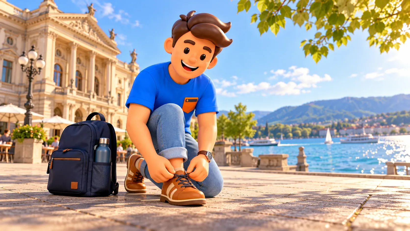 Ilustración de un viajero atándose el cordón antes de seguir el paseo junto al lago